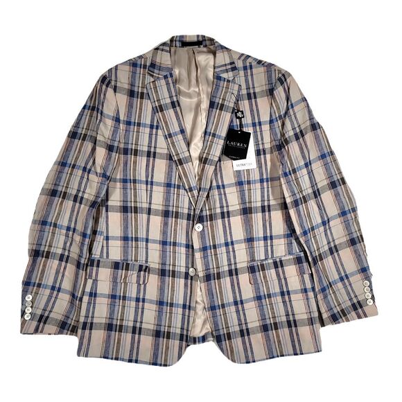 Lauren Ralph Lauren Linen Sport Coat Mens 42L 42 UltraFlex Tan Blue‎ Plaid $295 - Picture 1 of 5